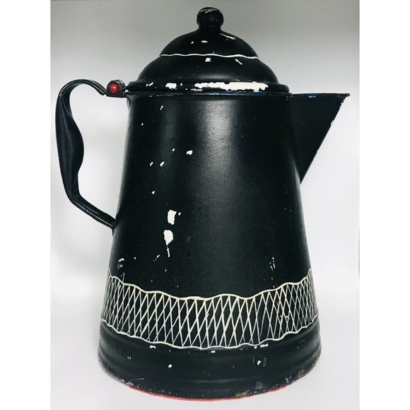 Vintage Tole Painted Coffee Pot Red Blue Flower Toleware Metalware Floral Black - Picture 2 of 6
